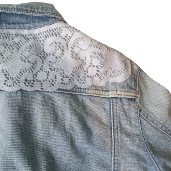 Size L 12 Designer Cropped Distressed Denim & Lace Jacket - Picture 12 of 15